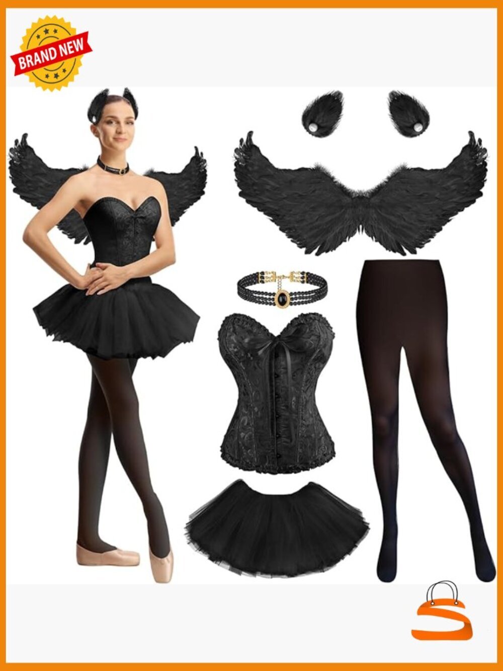 Swan Costume Set Corset Top Tutu Skirt Wings Choker Hair Clip